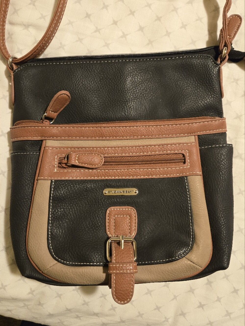 St. John's Bay Black Crossbody w/Tan & Cream Trim, Multi-Pocketed, Adjustable